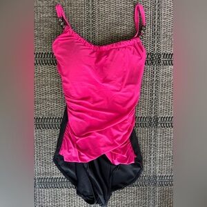 Slimming Pink and Black Ruched Swimsuit